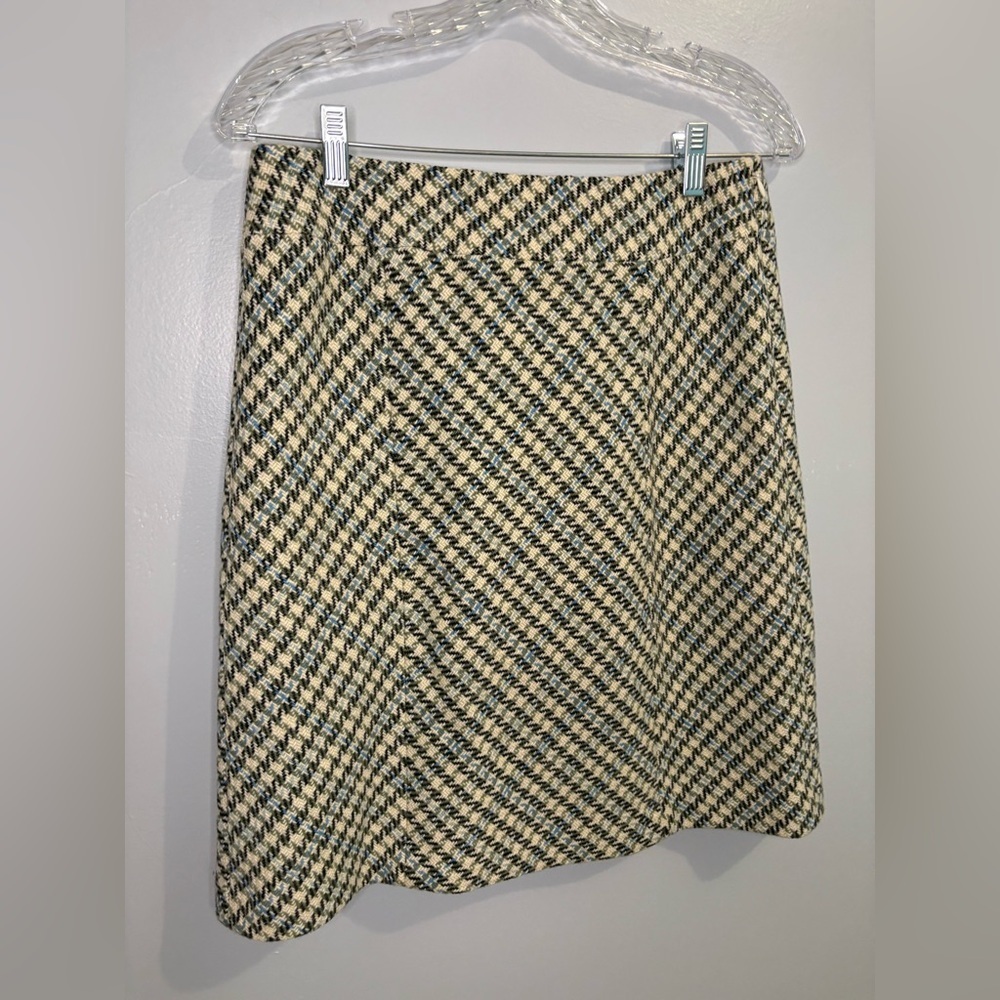 Ann Taylor Women’s Size 4 Skirt Wool-Blend Lined Cream Green Blue Houndstooth - Picture 6 of 16
